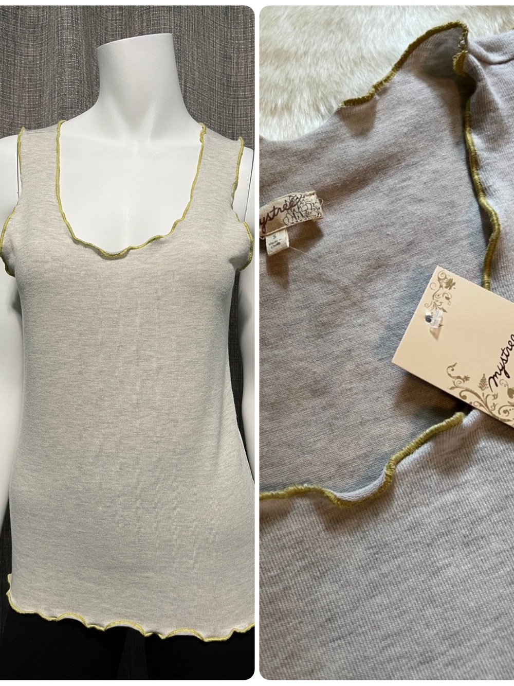 Mystree Gray Knit Tank Top with Moss Green Lettuce Trim Small (4-6) NWT